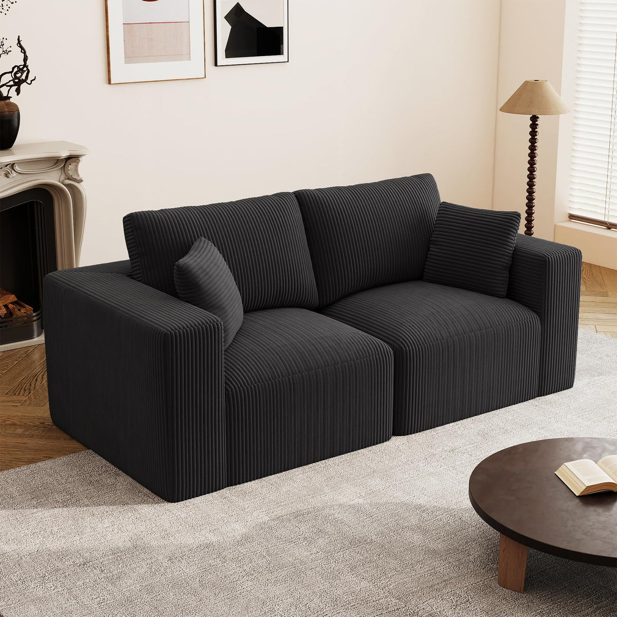 79" Modular Sectional Sofa, Cloud Couch Loveseat Memory Foam Boneless Couch with Chaise, Cozy Upholstered Corduroy Floor Couch, No Assembly Required Living Room Furniture for Apartment, Beige