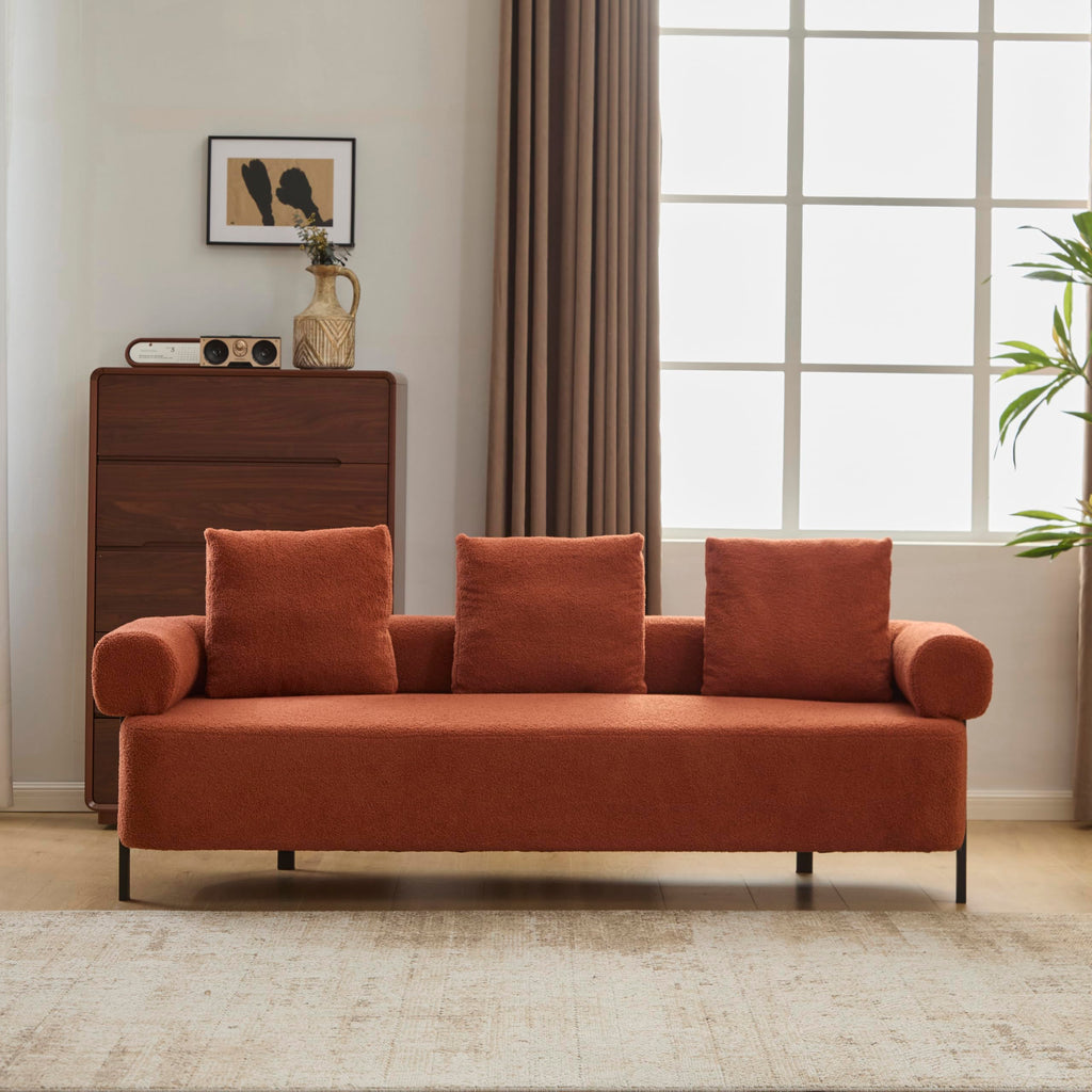 78" 3 Seater Orange Upholstered Sofa, Oversized Comfy Couch with 3 Plush Pillows for Living Room, Bedroom, Apartment