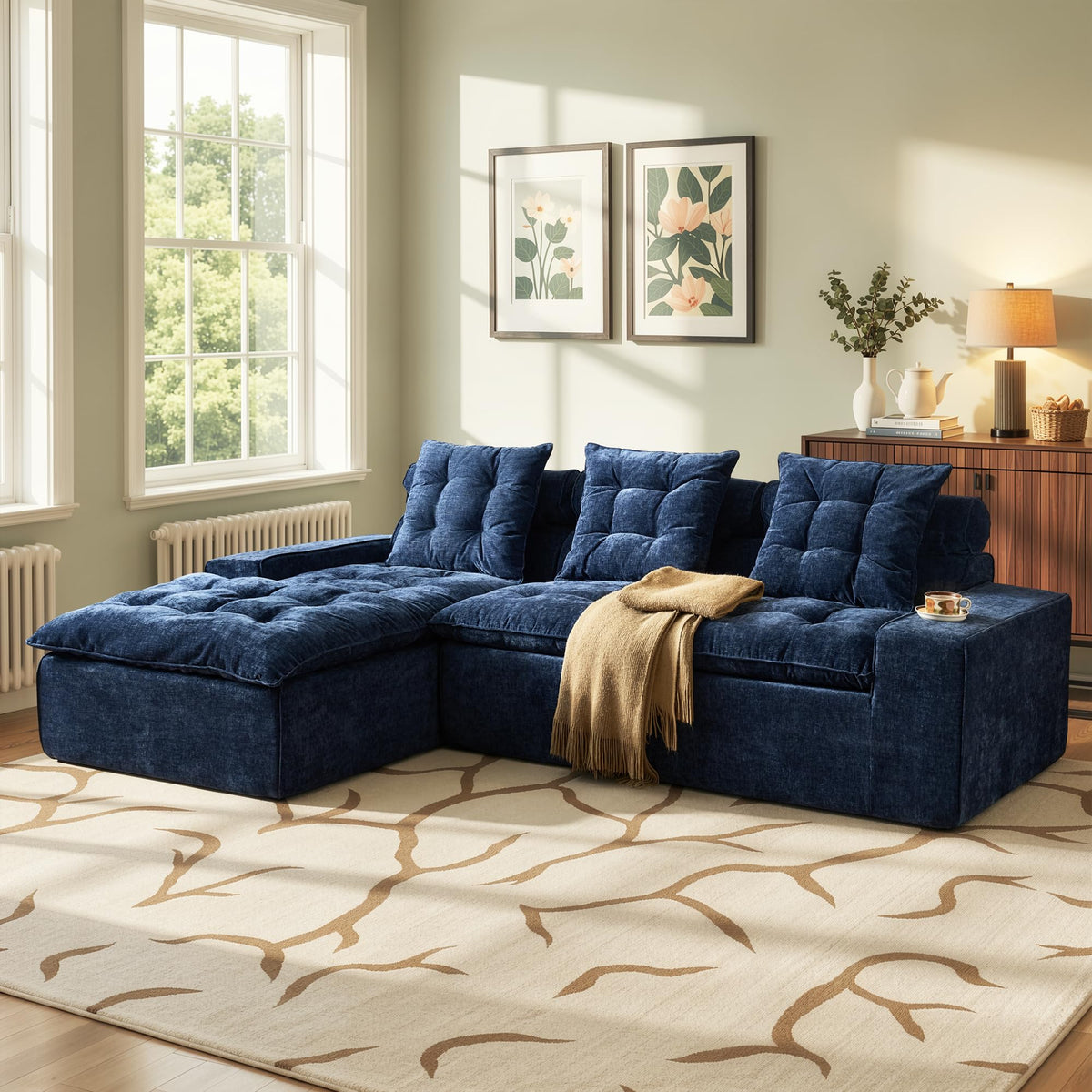 106" Cloud Sectional Couch with L-Shape Chaise & Ottoman, No Assembly Modular Sofa, Deep Seat Plush Corduroy Boneless Couched for Living Room (Black Plush Corduroy, L Shape with Ottoman-Left Facing)