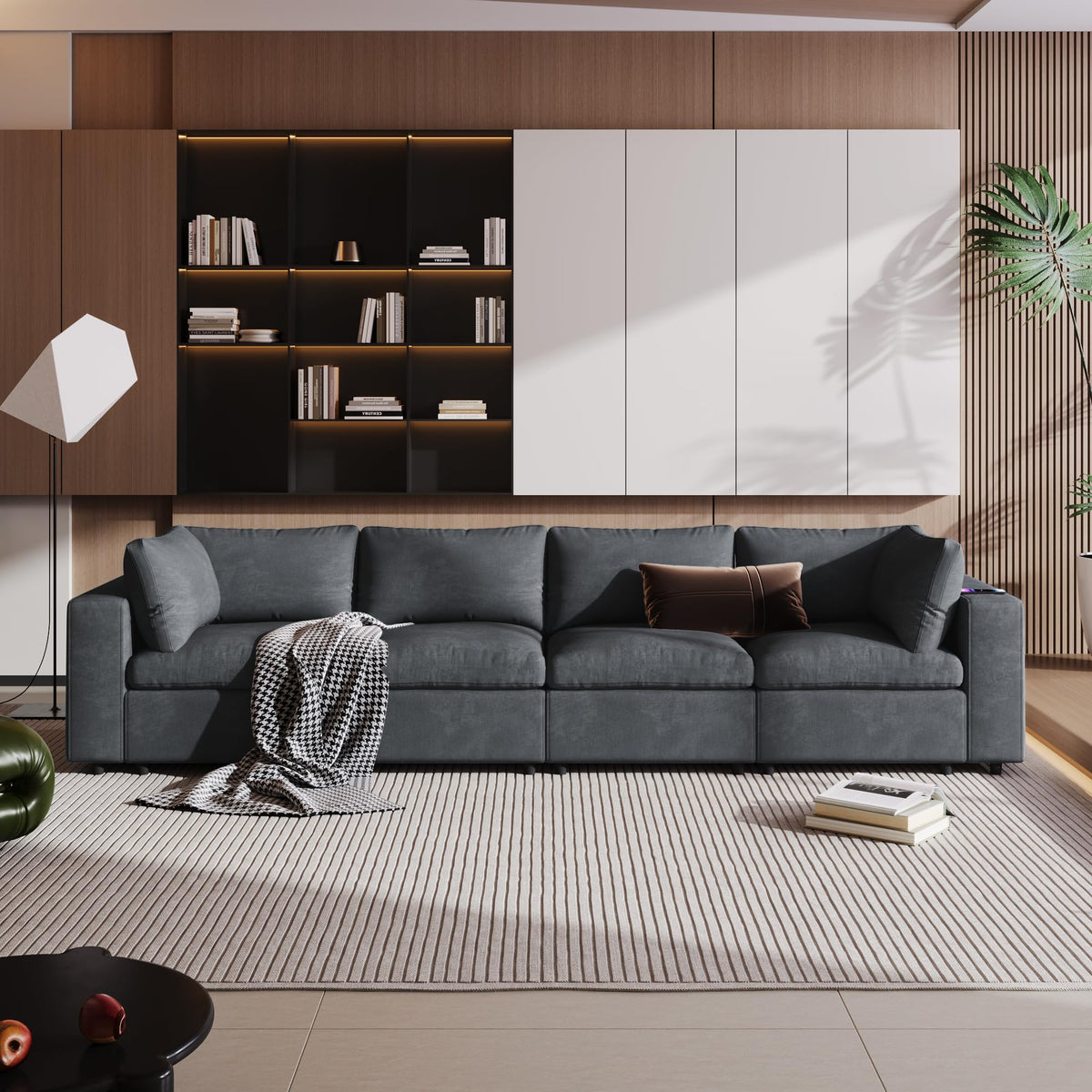 Upholstered Modular Sofa with with Storage Space, USB Charge Ports,Wireless Charging and Built in Speaker in Arm,Sectional Sofa for Living Room Apartment.[Old SKU:WY000317AAE]
