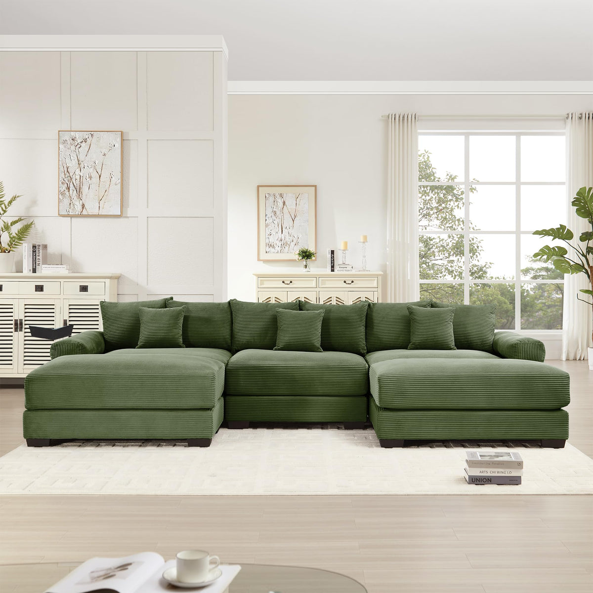 130" Oversized Cloud Modular Sectional Couch,Corduroy Fabric, 3 Seater Deep Seat Wide Armrests, with an Ottoman,Ergonomic Design, Easy Assembly for Lounges Living Room,Green AC360