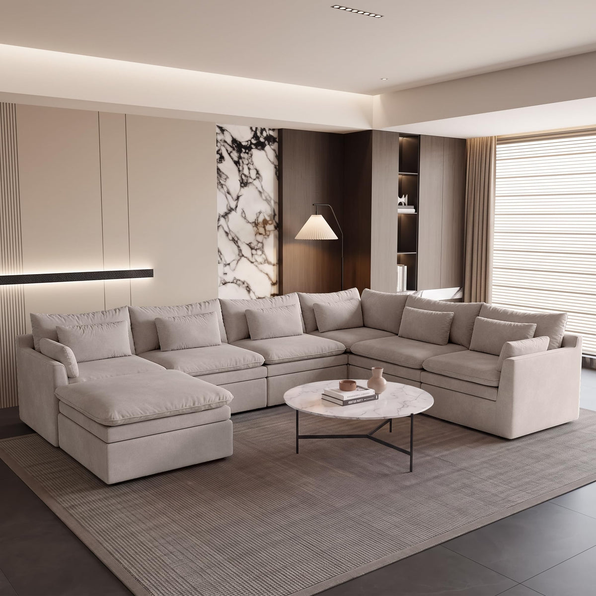 WJShome Oversized Modular Sectional Sofas, Modern Deep Seat 7-Seater Sectional Couches for Living Room, Modular Sofa with Recliner Ottoman, Solid Wood Frame, Cover Washable & Replaceable, Khaki