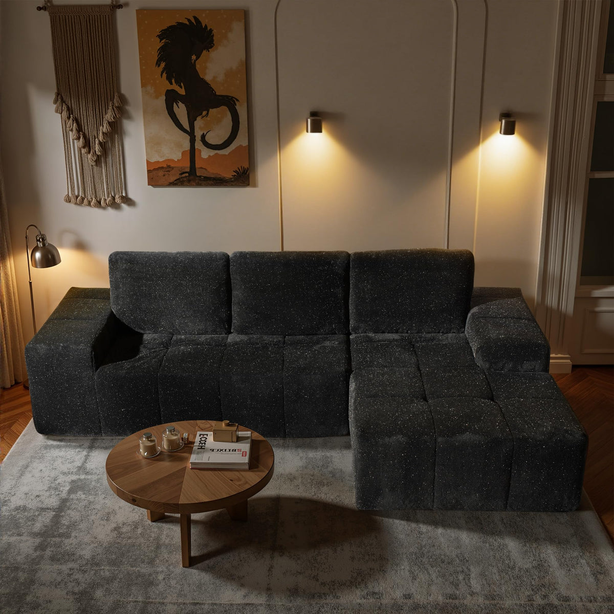 104" L-Shape Modular Sectional Sofa Couch,Comfy Upholstered Cloud Couch for Living Room,Modern Minimalist Couches,Deep Seat,No Assembly Required (Black,Plush Corduroy, Right Facing Chaise w/Ottoman)