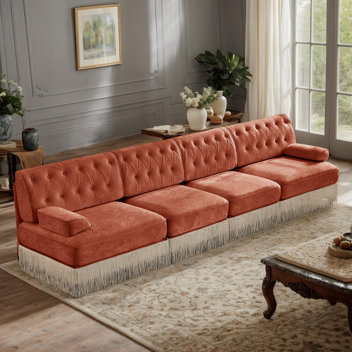 106'' Modern Chesterfield Style 3-Seater Sofa with 2 Ottoman, Upholstered Velvet Modular Sectional Sofa with Button Tufted, U Shape Deep Seat Cloud Sectional Couches for Living Room (Green)