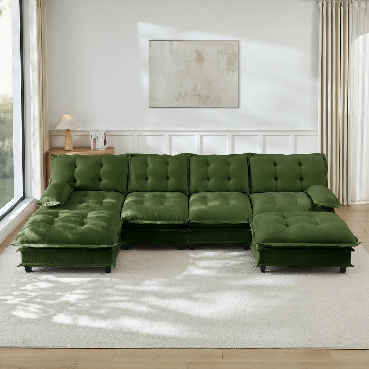 U Shaped Modular Sectional Sofa - 108" Chenille Cloud Deep Seat Couch with Ottoman, 5-Seat Comfy Lattice Decored Seat Cushion for Living Room, Apartment,Light Coffee