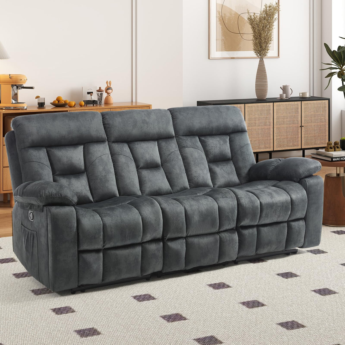 EBELLO 2 Piece Reclining Living Room Set, Soft Fabric Recliner Sofa Furniture Set, Included Power Lift Recliner Chair with Massage and Heat and 3 Seat Sofa, Dark Greenish-Grey