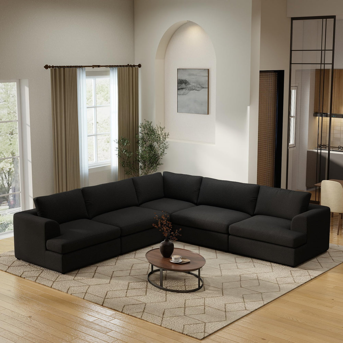 WJShome Modular Sectional Couches, V-Shaped Cloud Couch with Ottoman, High Density Sponge Cushion Sleeper Sofa Bed, Wooden Frame, Sherpa Fabric Sofa Furniture for Living Room, Apartment, White