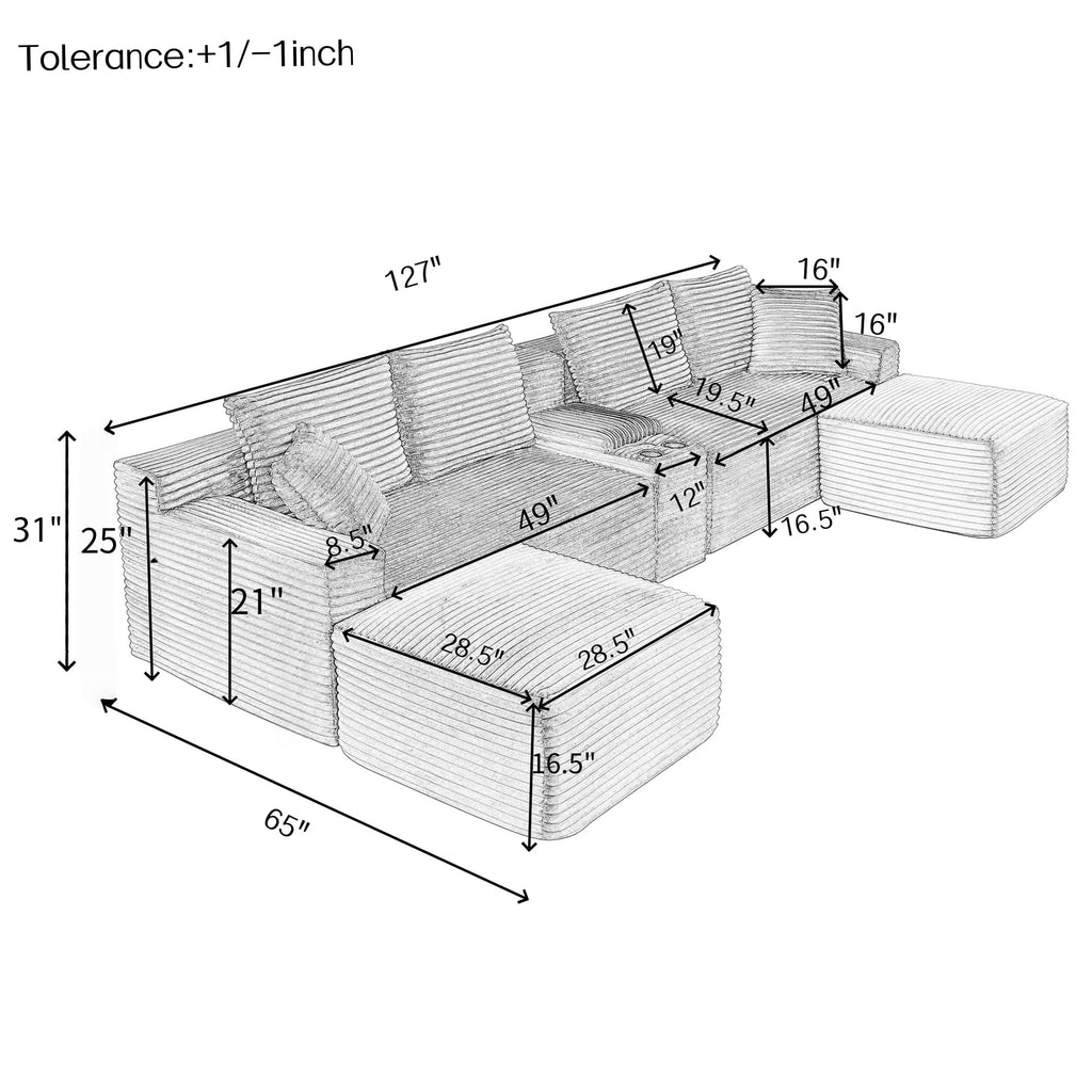 127" U-Shaped Symmetrical Cloud Sectional Couch for Living Room, Compressed U-Shaped Modular Sofa Boneless Sectional Sofa Couch with Chaise Lounger and Console, No Assembly