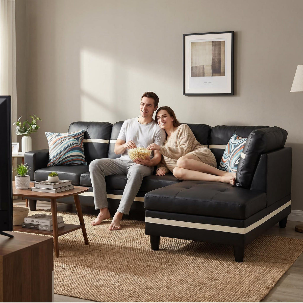 103.5" Sectional Couch with Movable Ottoman, L Shaped 4 Seater PU Faux Leather Sofa w/Chaise Lounge, Comfy Modern Modular Couch for Living Room, Apartment, White Stripes, Right, 3PCS