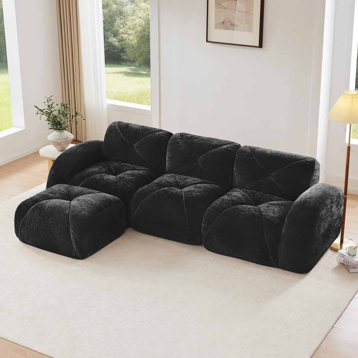 U-Shaped Boneless Sofa, Tufted 32d High Density Sponge Bottom, Anti-Slip Design, No Assembly Required, Free Combination, Movable Ottomans for Living Rooms, Home Theater, Blue