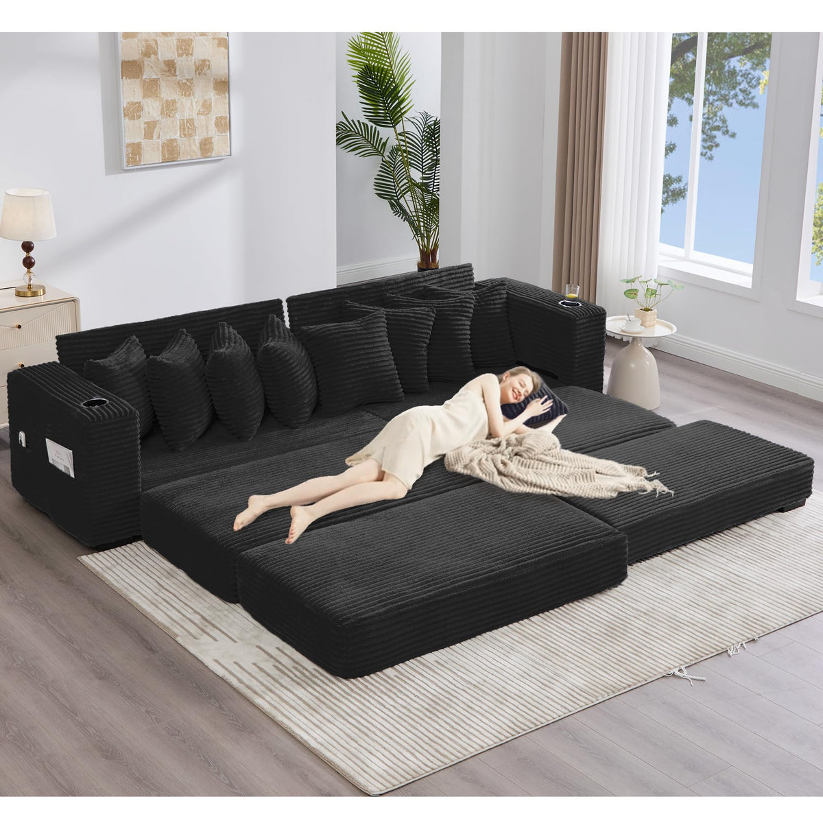 110.75'' Sleeper Sofa Bed King, Corduroy Modular Sectional Sofa, Black