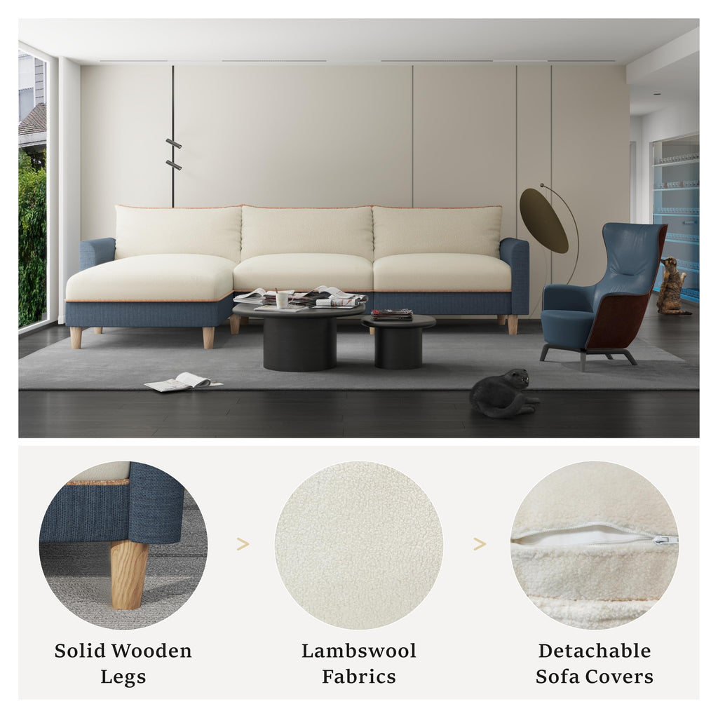 119" Dark Blue Cream L Shaped Sectional Sofa Chaise Lounge, Detachable Covers, Solid Wooden Legs, 3 Seater Cozy Sofa SJ879