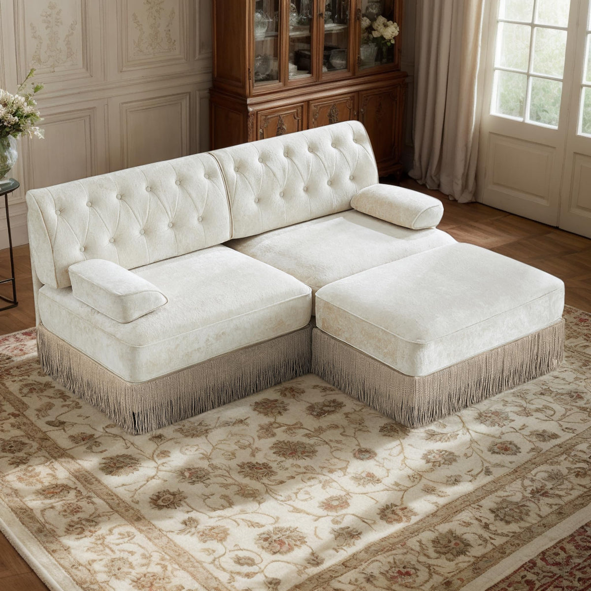 106'' Modern Chesterfield Style 3-Seater Sofa with 2 Ottoman, Upholstered Velvet Modular Sectional Sofa with Button Tufted, U Shape Deep Seat Cloud Sectional Couches for Living Room (Green)