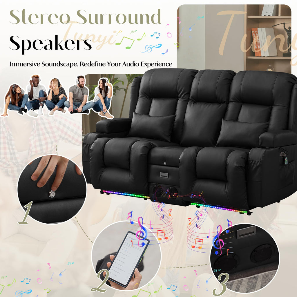 TUNYI Power Loveseat Recliner Sofa, Faux Leather Reclining Sofa with Console RV Reclining Loveseat Couch with USB/Outlet/Storage/Side Pocket/LED Light/Speaker (Black, Loveseat)