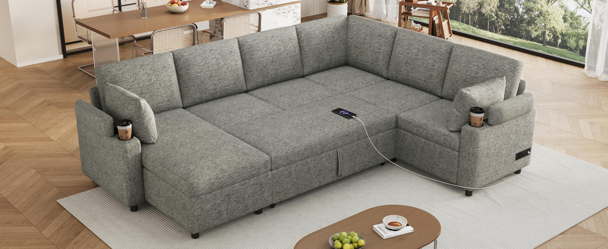 Tidyard 109.? U-Shaped Sectional Sofa with Storage, Cup Holders & Charging Ports – Convertible Sofa Bed for Living Room, Light Grey