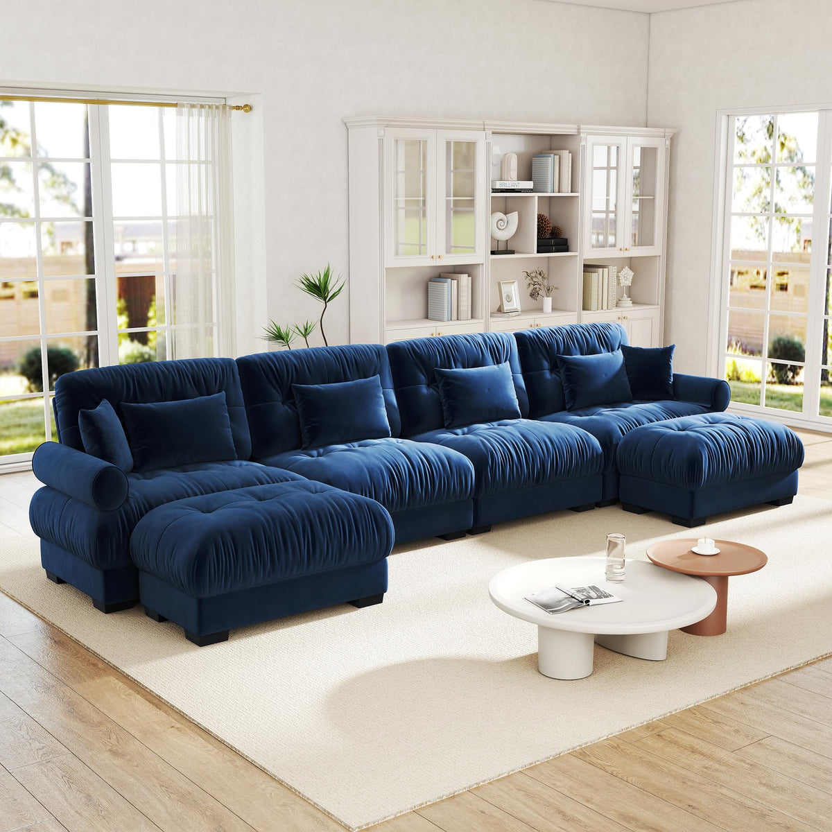 Velvet Modular Sectional Sofa,130" W Oversized U Shape Cloud Couch with 2 Ottomans,Free Combined 3 Seater Comfy Sofa with Bolster Armrest Pillows,Green for Living Room