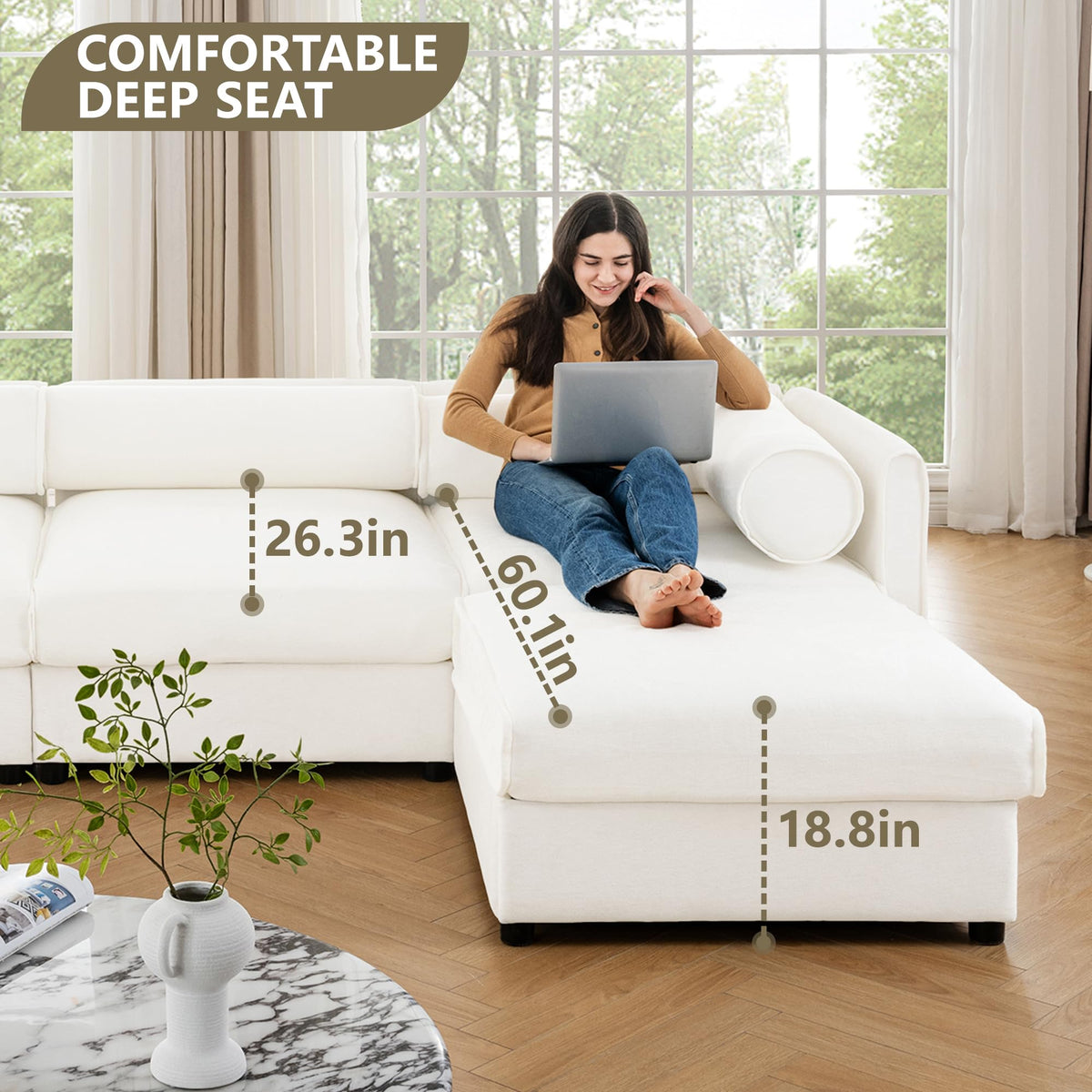 White Chenille 2 Seater Sofa with Storage Seat, Cylindrical Backrest and Armrests, Fabric Loveseat Featuring Hidden Storage Space WI184
