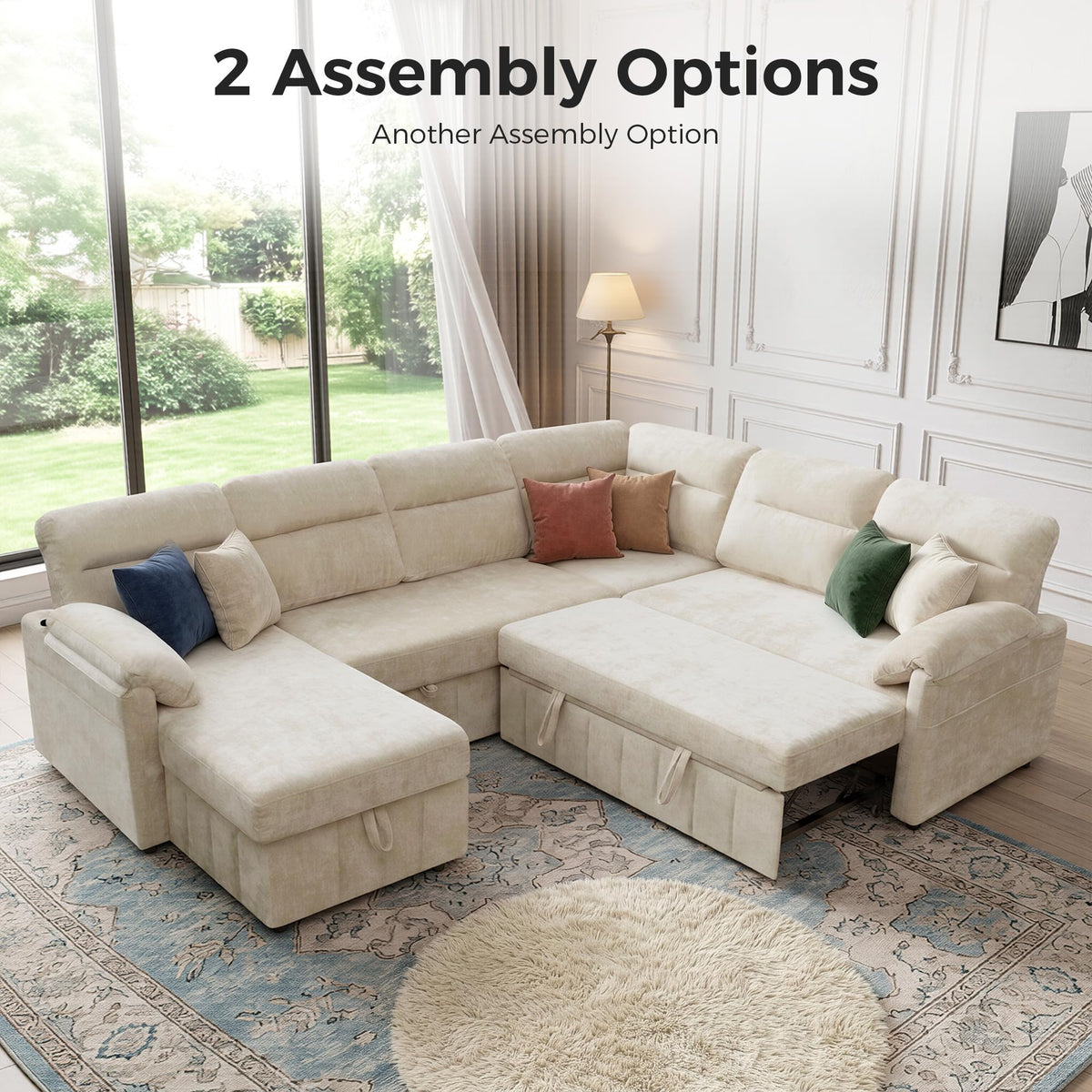 Tbfit 107" U-Shaped Sectional Sleeper Sofa, 7-Seat Sofa with USB & Storage Chaise for Family Rooms, Beige