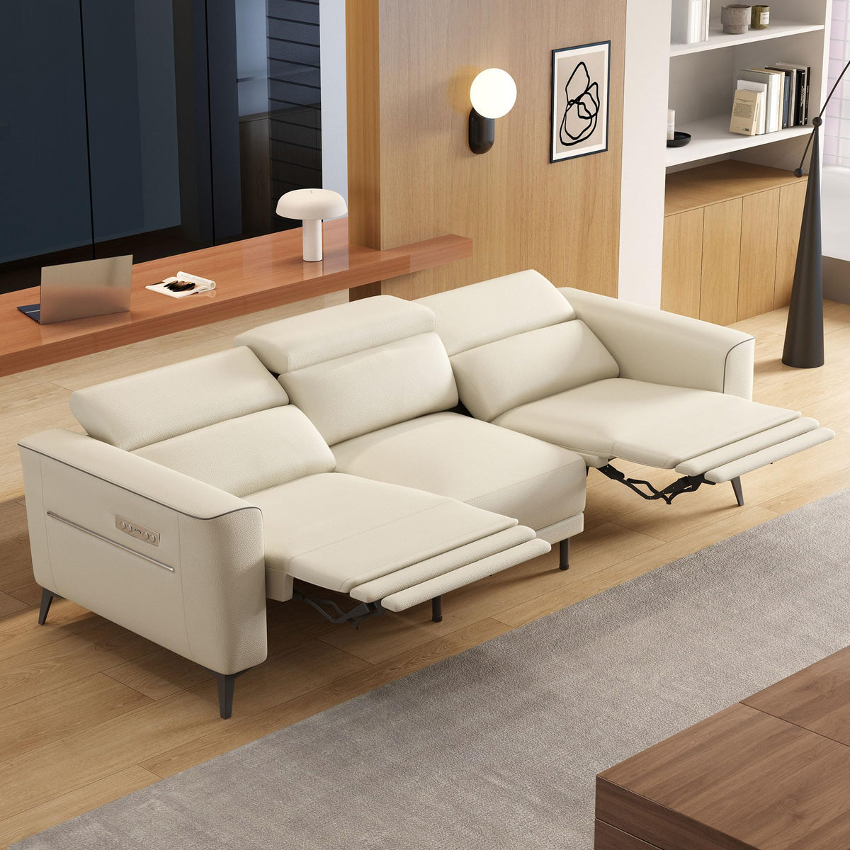 112.5" Beige Dual Motor Reclining Sofa Leather Living Room