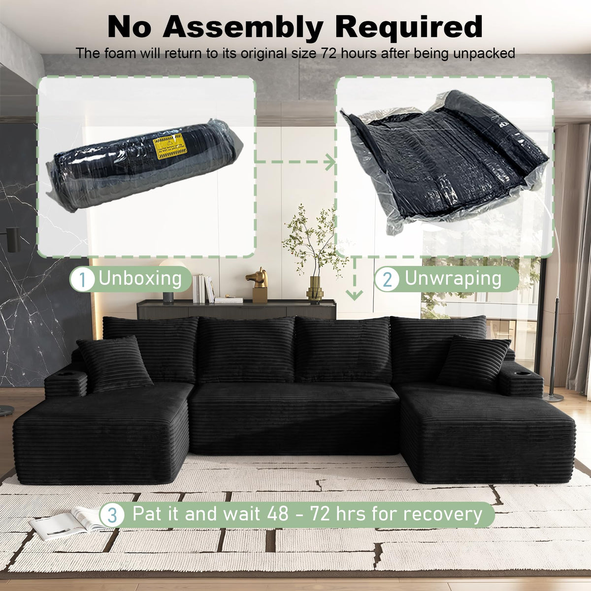 133" Oversized U Shaped Modular Sectional Sofa with Double Chaise, Black