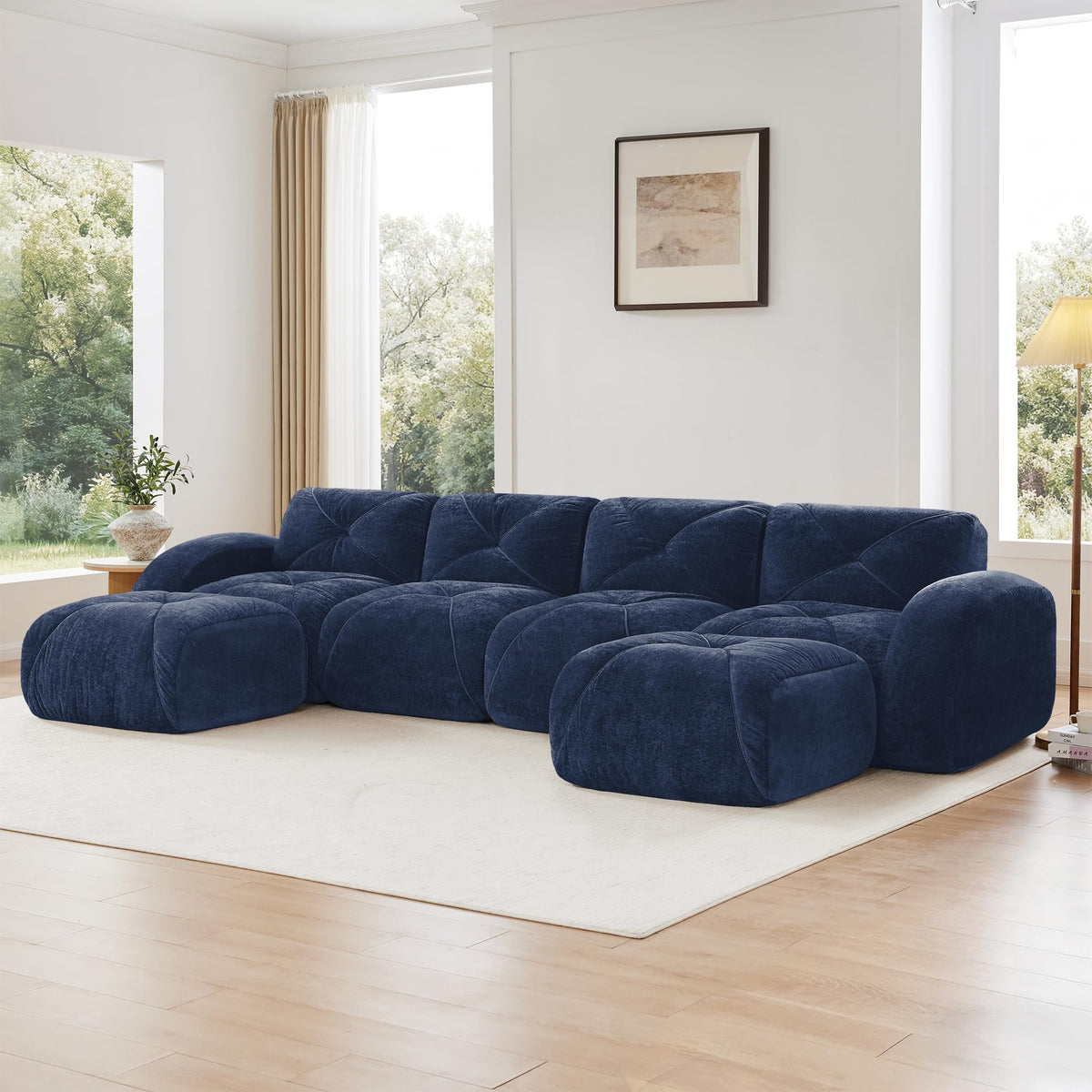 U-Shaped Boneless Sofa, Tufted 32d High Density Sponge Bottom, Anti-Slip Design, No Assembly Required, Free Combination, Movable Ottomans for Living Rooms, Home Theater, Blue