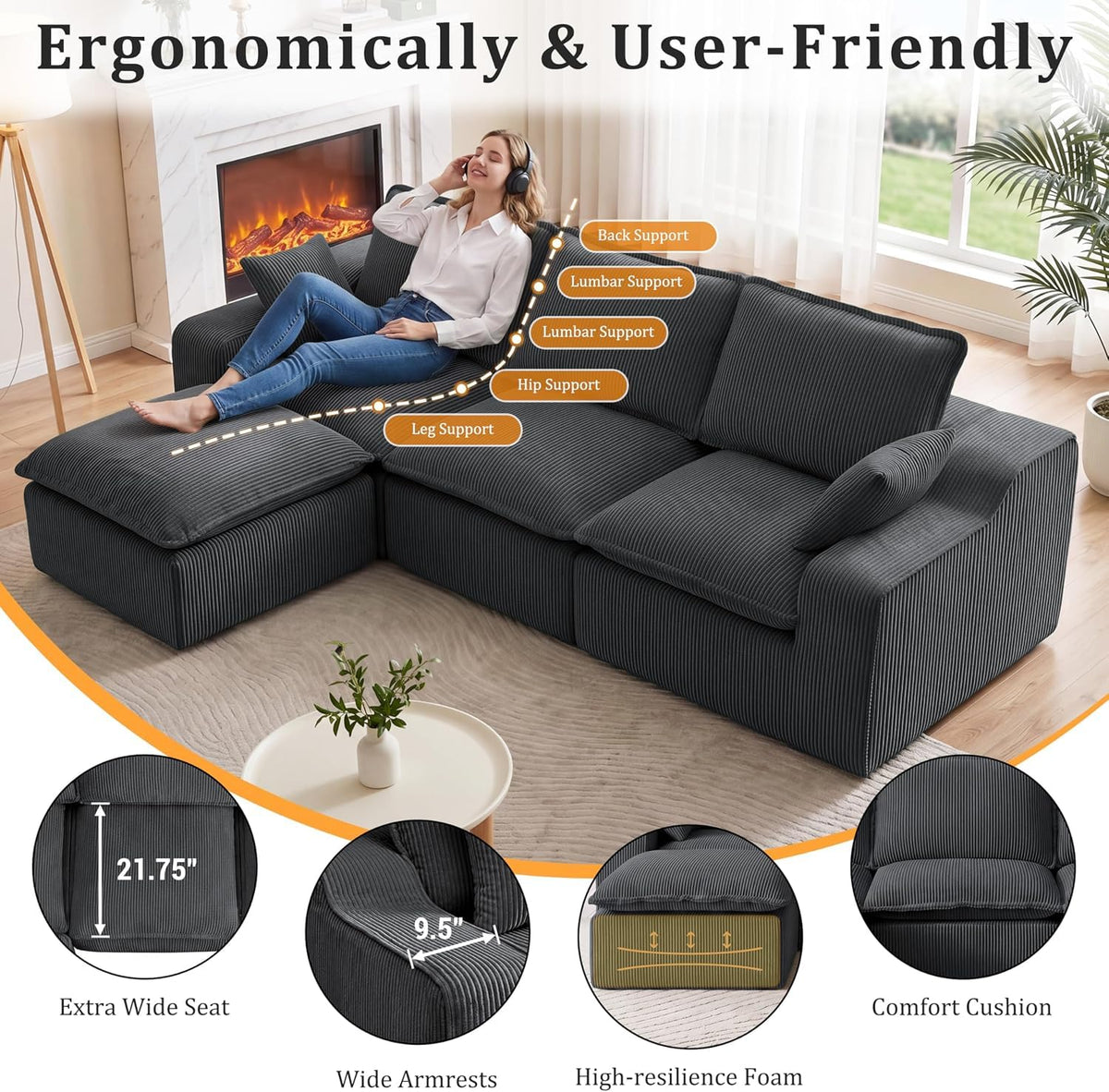 Vipbear 107" Modular Sectional Sofa with Ottoman, Free Assemble