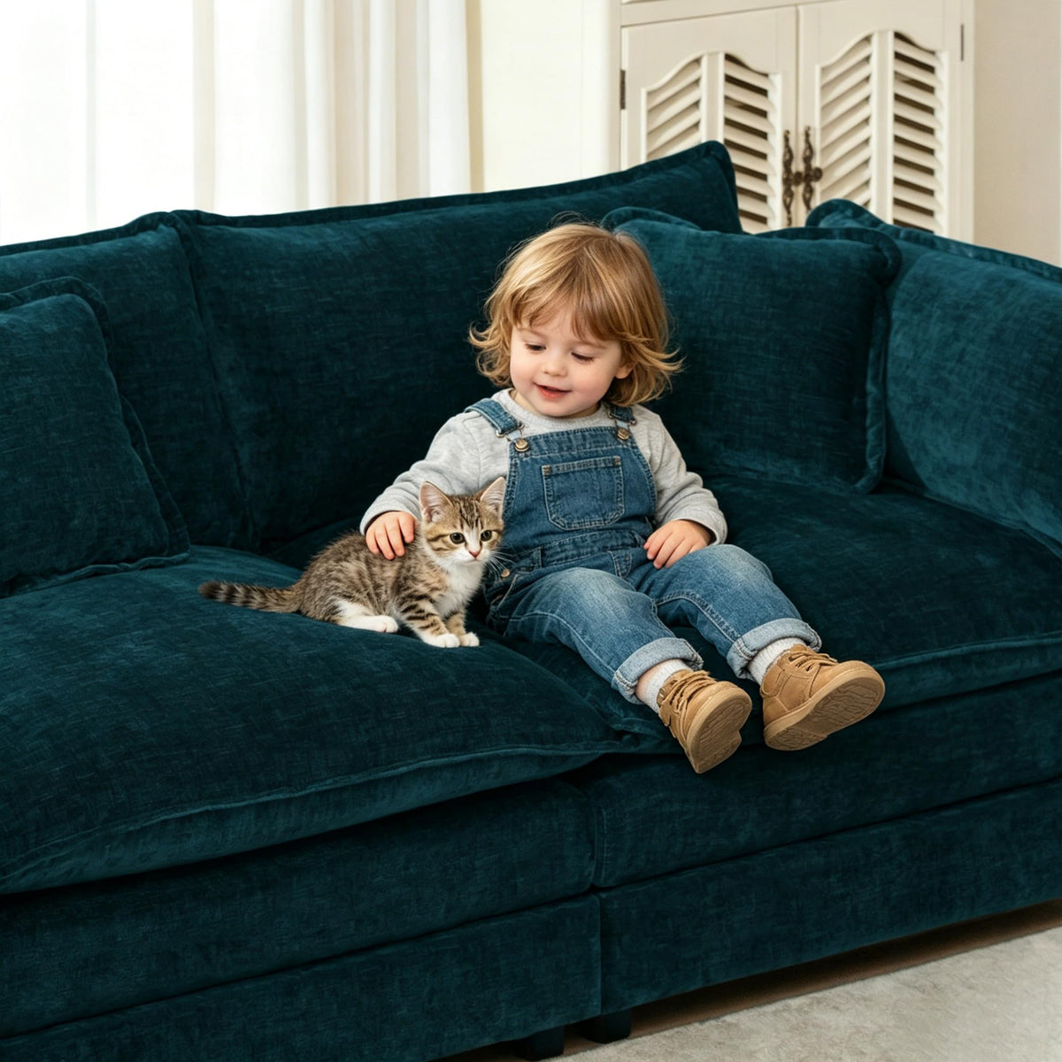 103.8" L-Shaped Sectional Sofa, Modular Chenille Cloud Couch, Deep Seat 4-Seat Sofa for Living Room with Ottoman & Pillow, Easy Assembly, Blue