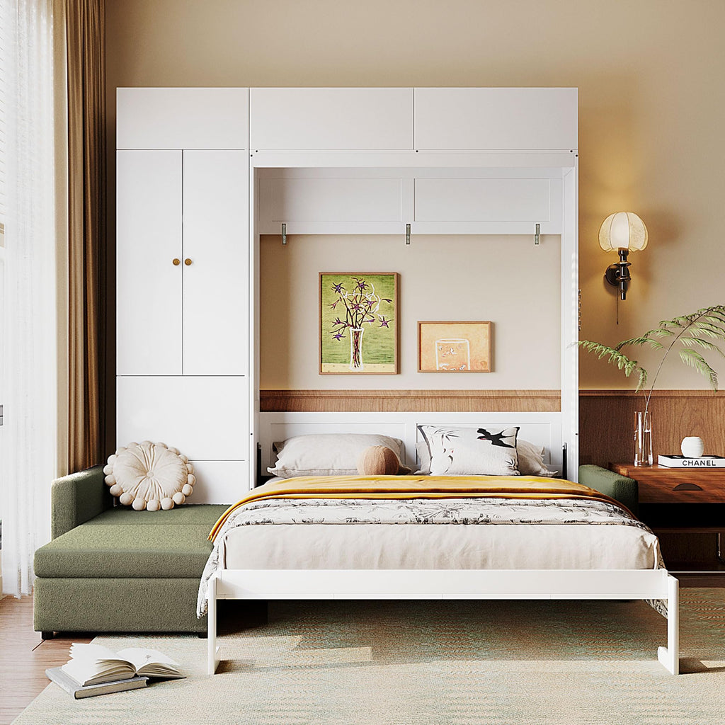 Wood Murphy Bed with Sofa, 4 Storage Shelves and USB Charging Station