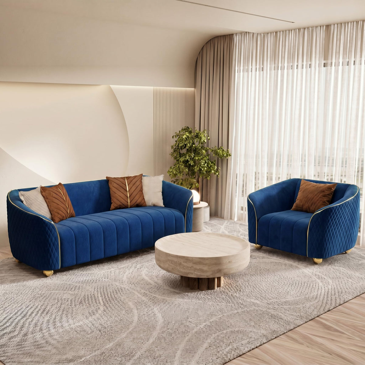 1-Piece Luxury Velvet Sofa Set for Living Room, Elegant Design Couch Set with Curved Armrests and Gold Edge Trim, Tufted Upholstered Couch with Gold Metal Legs (Green, 3 Seater)