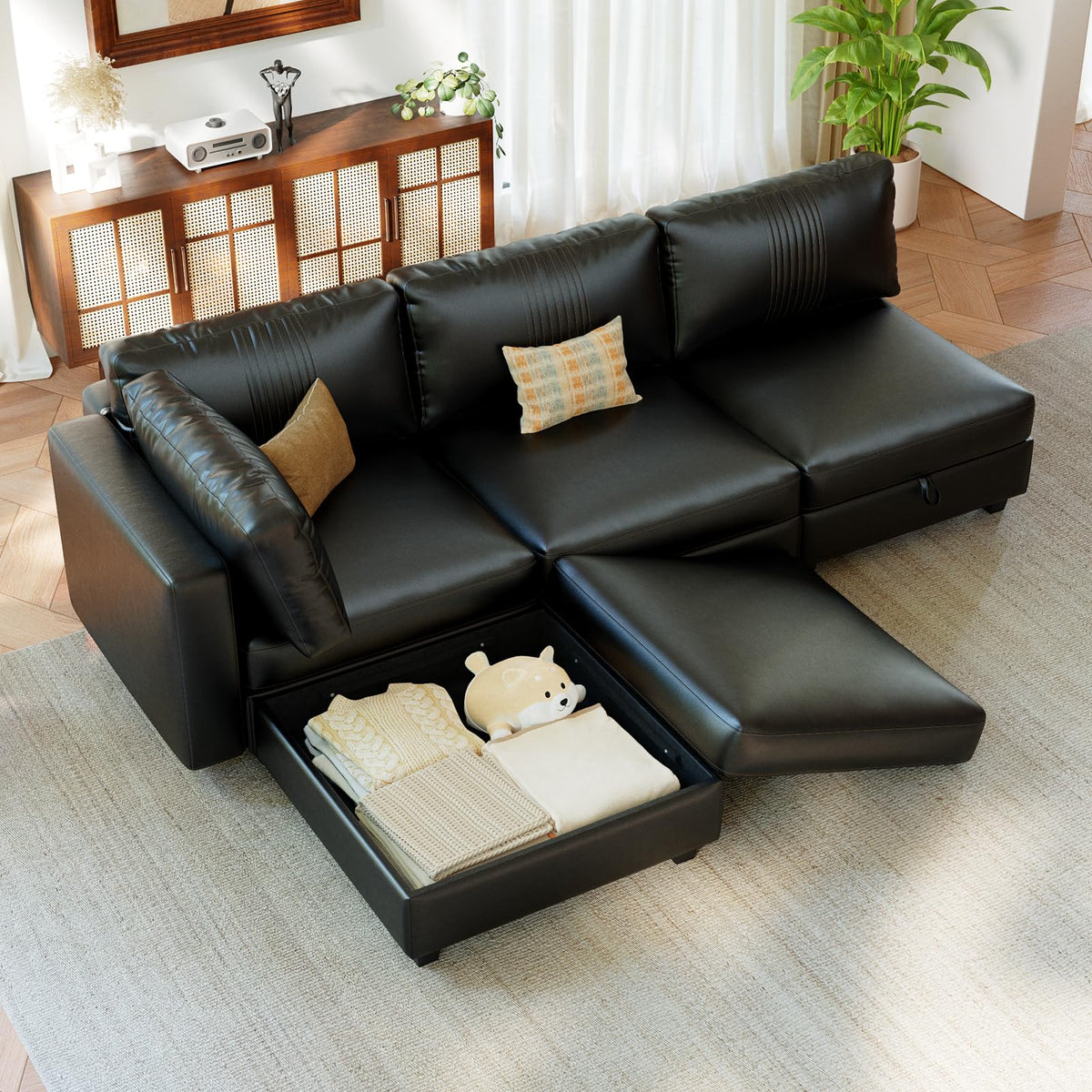 128" 6 Seat Modular Sectional Sofa, Convertible L & U Shaped Couch with Storage, Modern Leather Couch with Ottomans, Faux Leather Sectional Couches for Living Room, Office, Apartment, Black