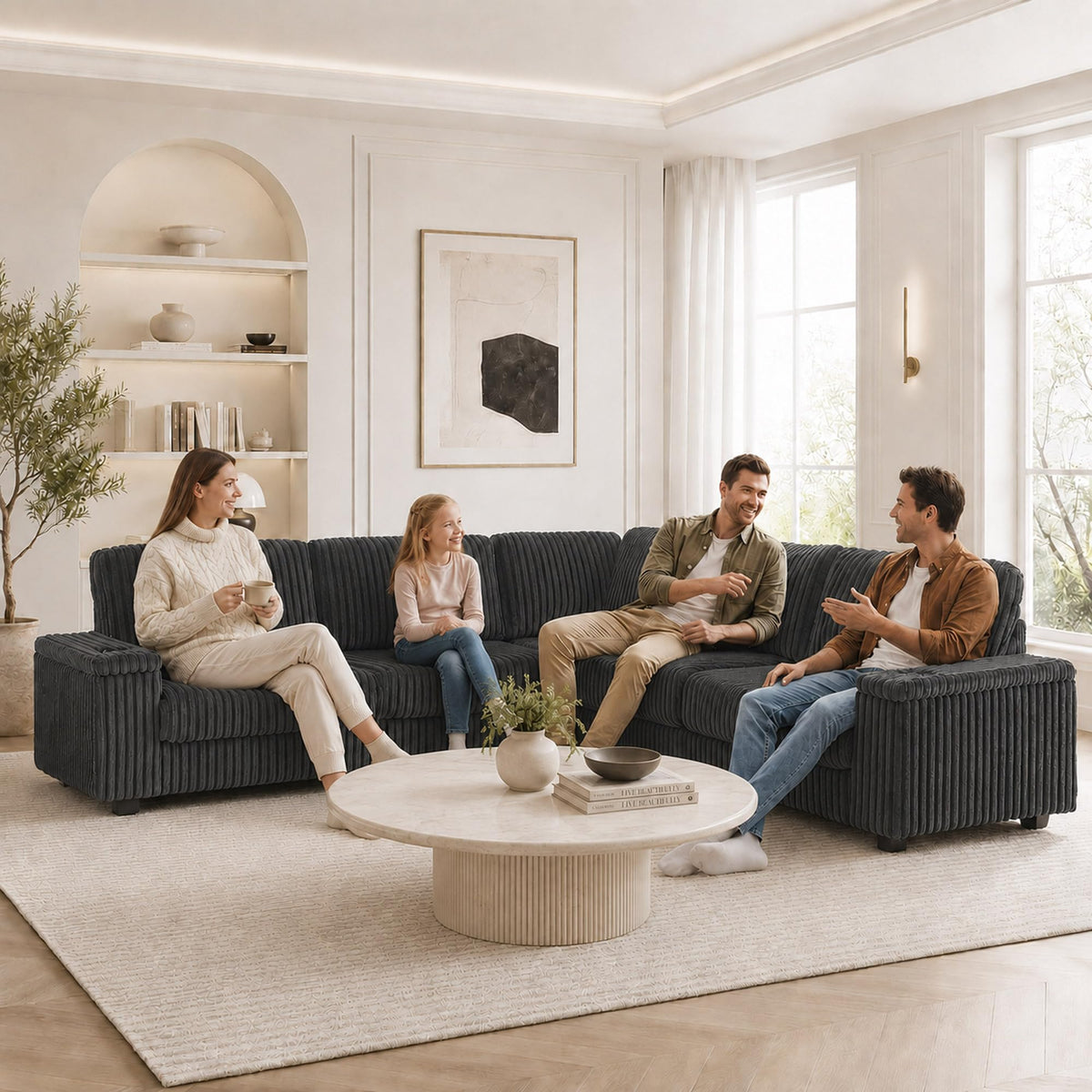 106'' Oversized Sectional Sofa Couch, Plush Corduroy V-Shaped Corner Couch with USB Charger, Armrest Storage and Cup Holders, Deep Seat Sectional Couches for Living Room, Grey