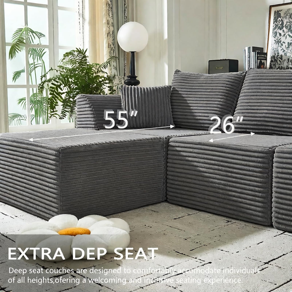 U Shaped Modular Sectional Couches for Living Room, 130" Cloud Modular Sectional Sofa Chaise, Fluffy Corduroy Couch with Deep Seat for Bedroom, No Assembly Required,Black