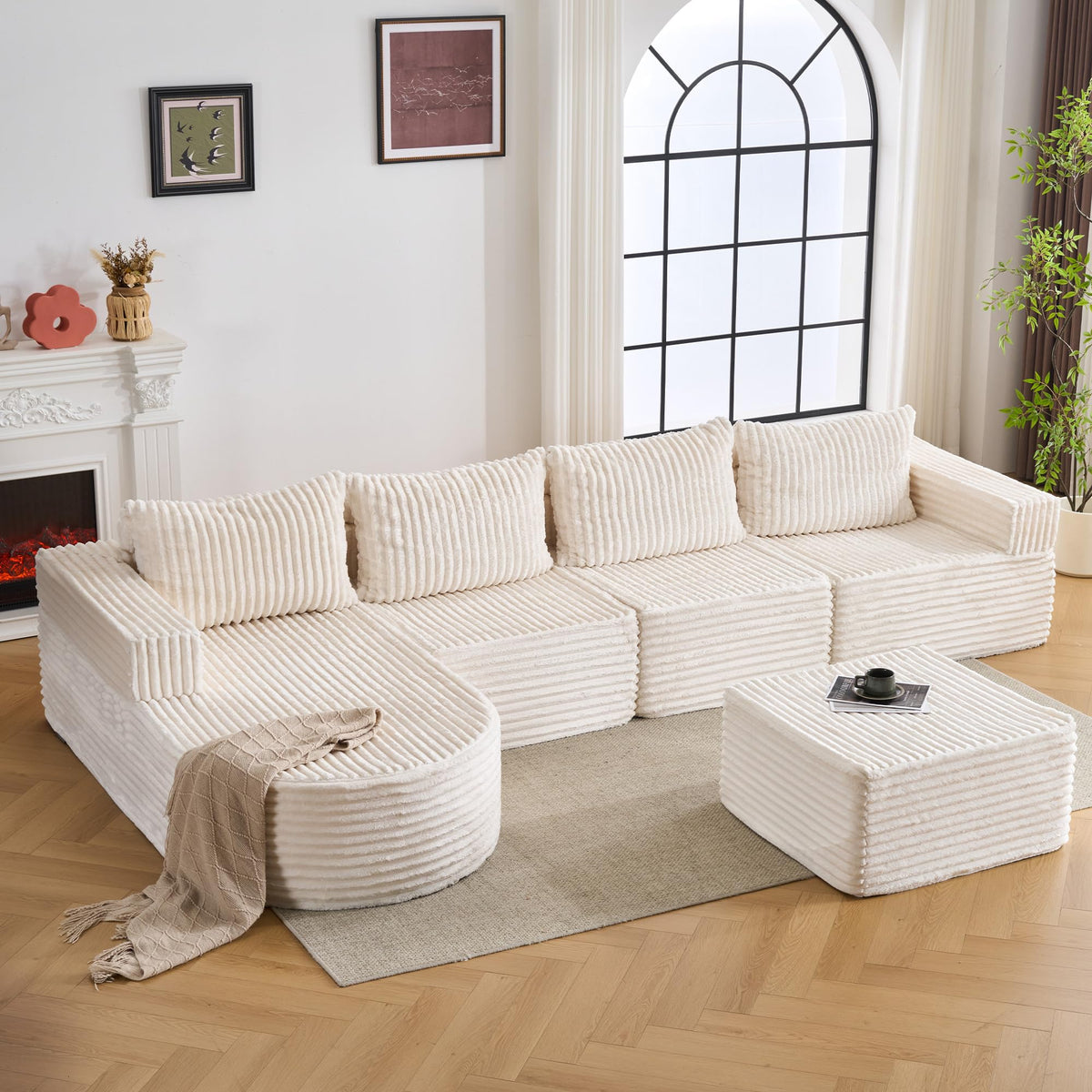132” Oversized Cloud Couch, Modular L-Shaped Sectional Sofa with Chaise & Ottoman, Deep Seat Corduroy Boneless Couch, No Assembly Convertible Sofa for Living Room(Beige)