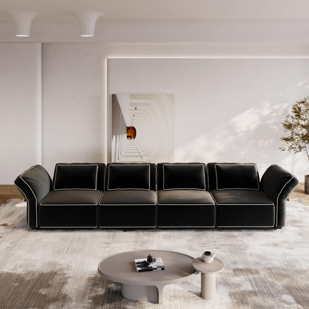 128'' Modular Sectional Sofa, 3 Seater Modern Comfy Boucle Cloud Couch, Oversized Comfy Deep Seat Couches for Living Room, Bedroom, Apartment, Black