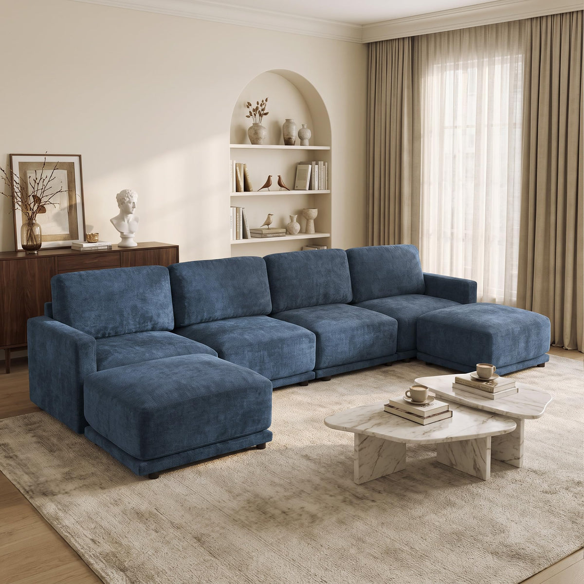 110.6" Modular Sectional Sofa with Ottoman, Upholstered L Shaped Sectional Couch with Thick Cushions, Oversized Chenille Comfy 4 Seater Sofas for Living Room, Easy Assembly, White
