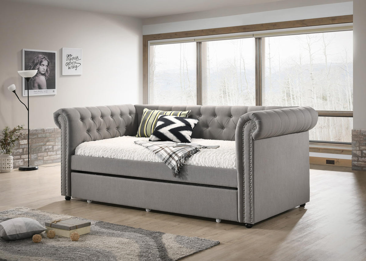 Versatile Daybed with Pull-Out Trundle, Textured Fabric Upholstery