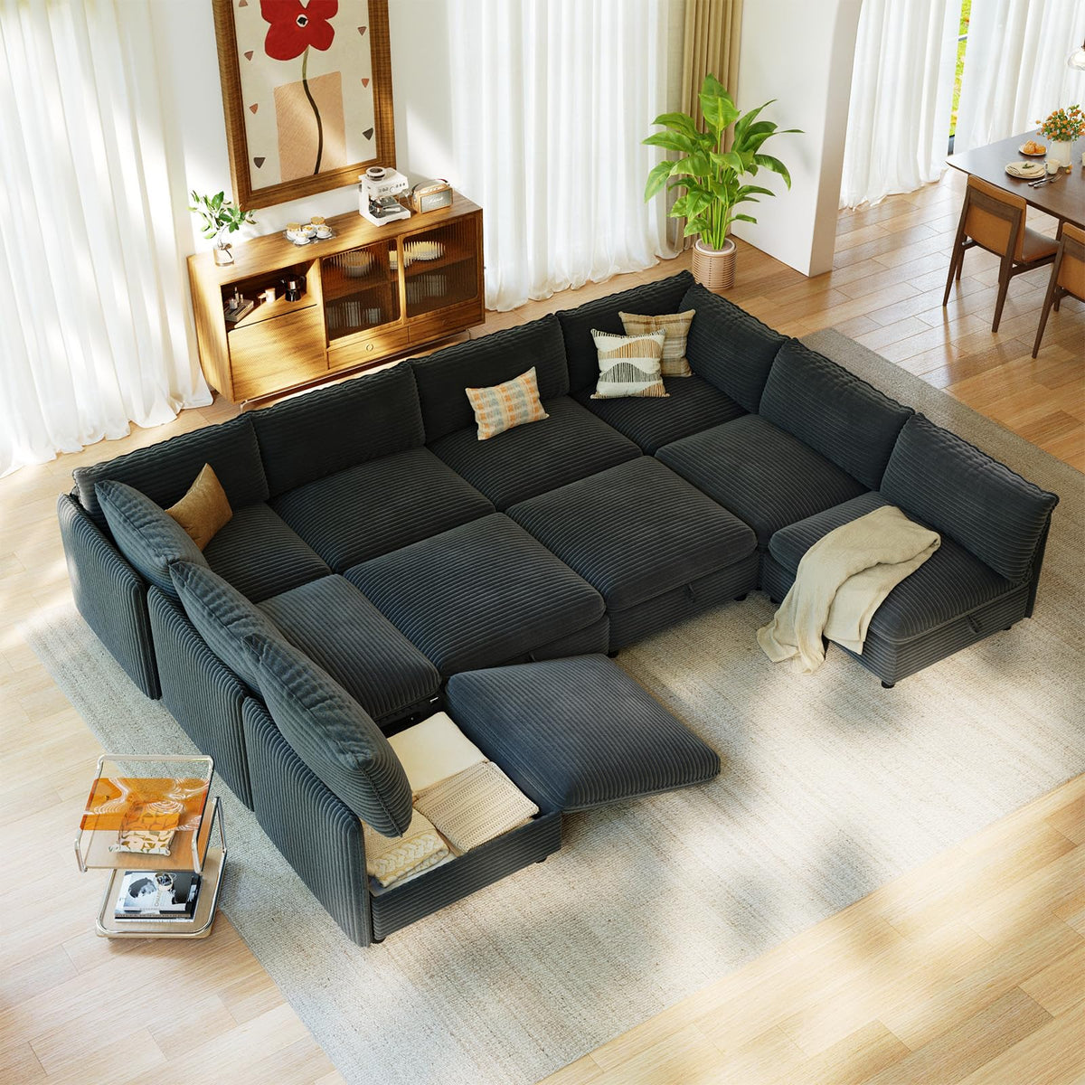 10 Seat U Shaped Modular Corduroy Sofa Bed Couch with Hidden Storage and Movable Ottomans Deep Seat Convertible Sectional for Sectional Couches for Living Room Bedroom, Black