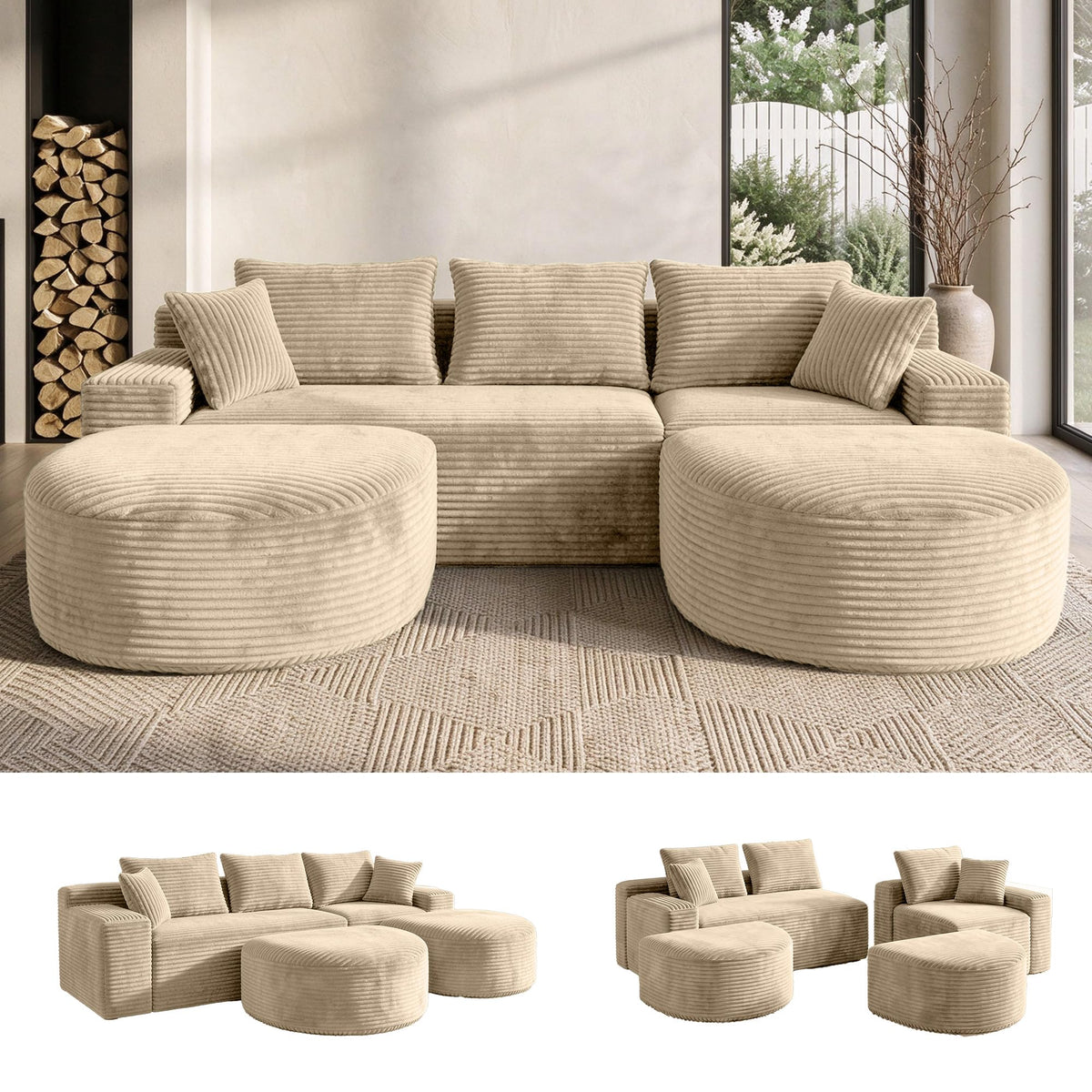 107" U-Shaped Modular Boneless Sectional Sofa with Curved 2 Ottomans, Camel