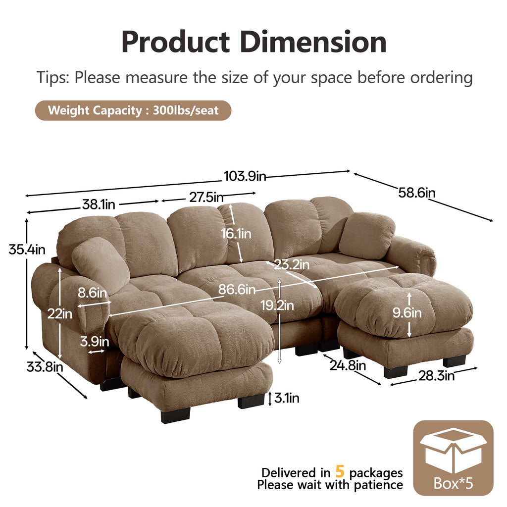 103.9" Modular Cloud Couch, Oversize U-Shaped Sectional Sofa with Ottoman, Deep Seat Chenille Couch, Anti-Slip Design, Modern 3-Seater Sofa for Living Room/Apartment/Bedroom, Brown
