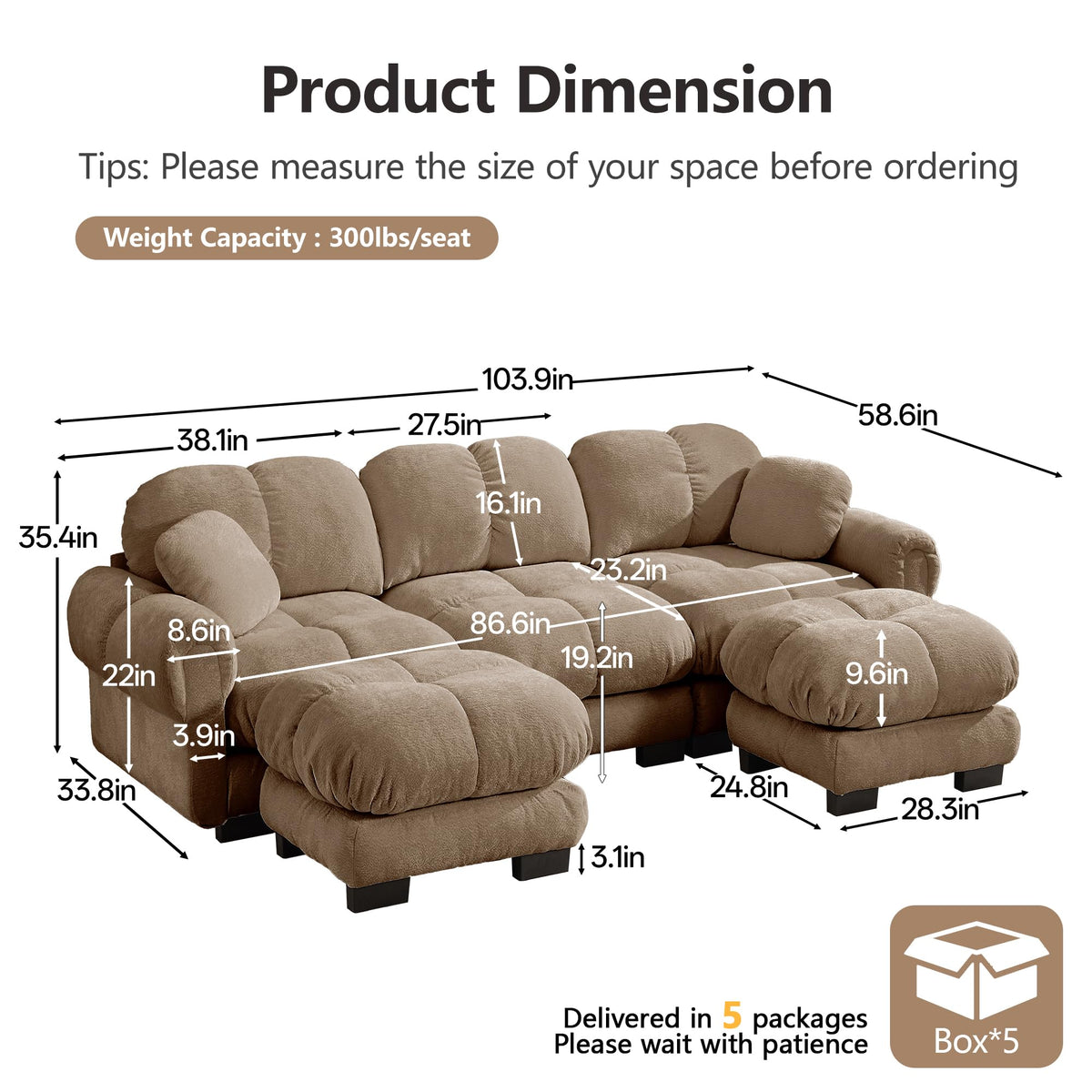 103.9" Modular Cloud Couch, Oversize U-Shaped Sectional Sofa with Ottoman, Deep Seat Chenille Couch, Anti-Slip Design, Modern 3-Seater Sofa for Living Room/Apartment/Bedroom, Brown
