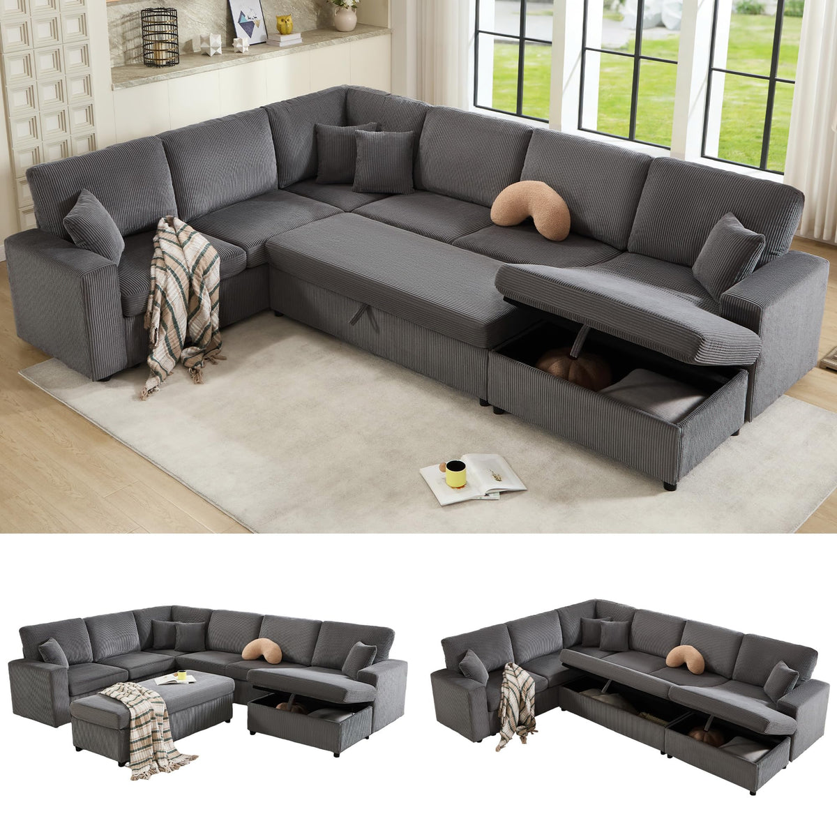 130" Sectional Couches for Living Room,Sectional Couch with Storage,Black