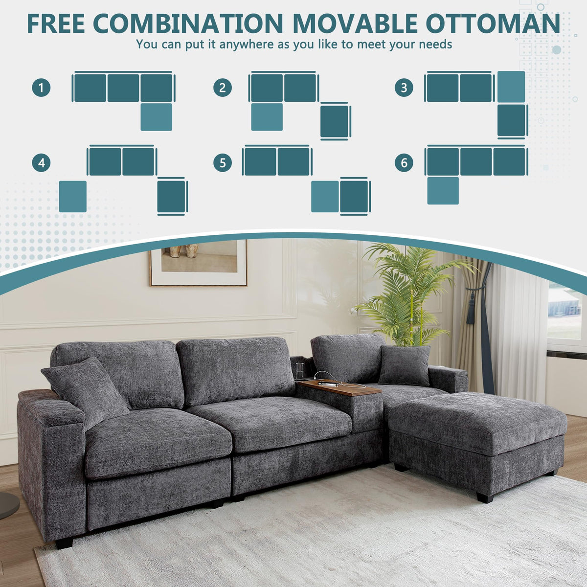 120.3" L-Shaped Sectional Sofa with Storage Ottoman, Oversized Comfy Couch with USB Port, Side Storage, Cup Holder & 360°Swivel Drop-Down Table, Sectional Couches for Living Room (Gray, 120.3")