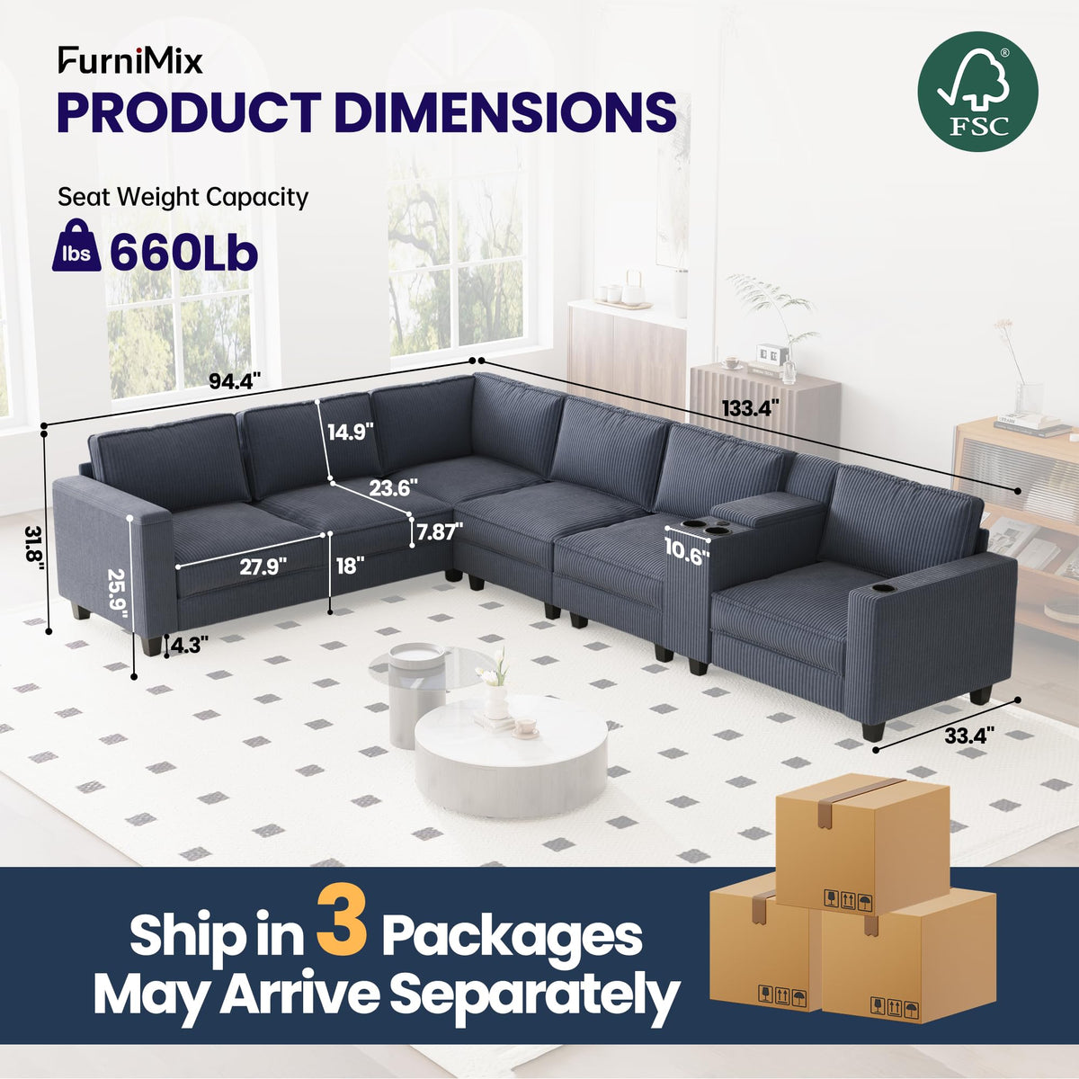 133" Oversized Modular 6-Seat Corduroy Sectional Sofa with Movable Storage Console, Cup Holder Armrests, Reconfigurable Seats for Living Room, Gray