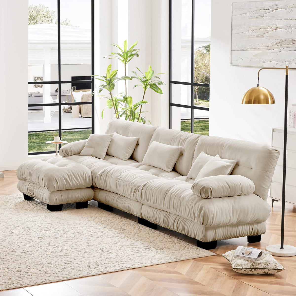 134" Oversized 3 Seater L Shaped Modular Sectional Sofa, Large Sectional Couches for Living Room, Chenille Cloud Couch with Pillows, Living Room Deep Seat Sofas with 3 Seats & 1 Ottoman, Pink