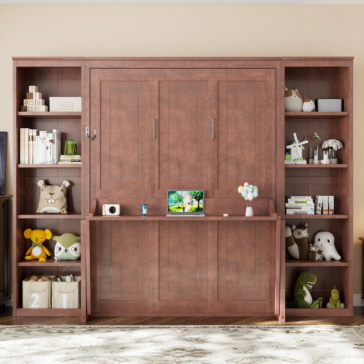 Wood Murphy Bed with Sofa, 4 Storage Shelves and USB Charging Station