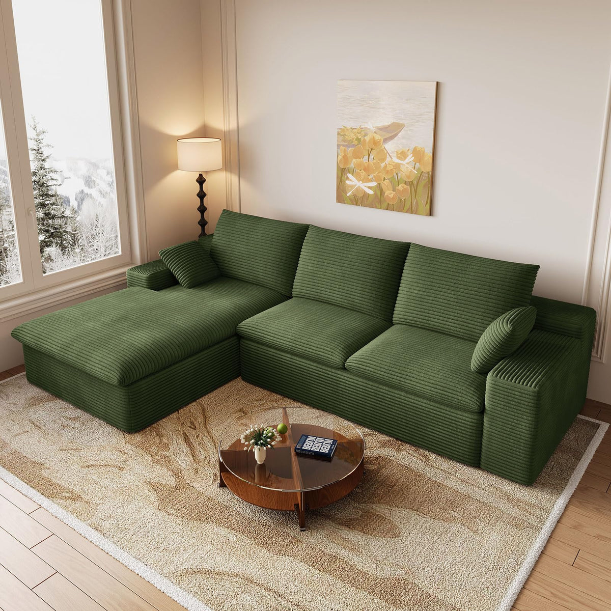 107" Cloud Couch Modular Sectional Couchs with Chaise Lounge, U-Shape Boneless Couches with Ottoman for Living Room, Corduroy Sofa with Deep Seat, No Assembly Required (Green, Left Facing Chaise)