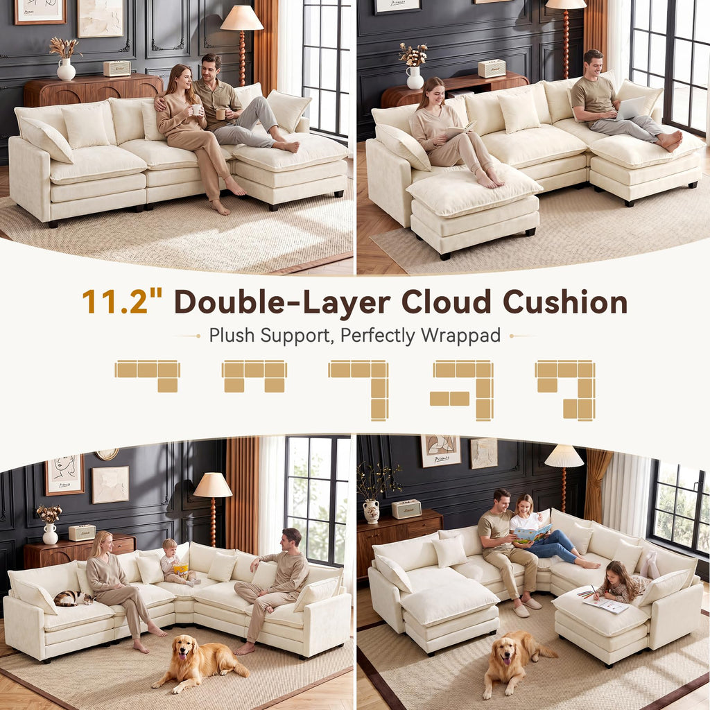 114" V‑Shaped Cloud Modular Sectional Sofa Couch, Chenille Corner Design