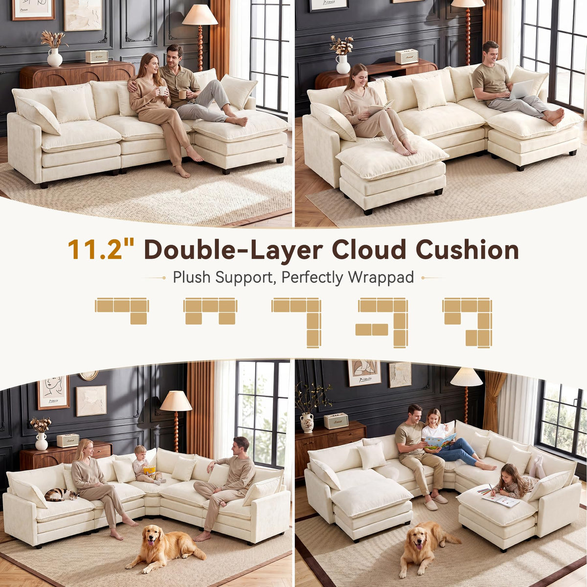 114" V‑Shaped Cloud Modular Sectional Sofa Couch, Chenille Corner Design