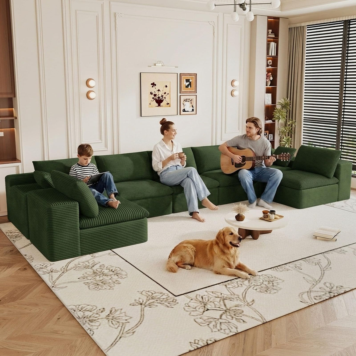 107" Cloud Couch Modular Sectional Couchs with Chaise Lounge, U-Shape Boneless Couches with Ottoman for Living Room, Corduroy Sofa with Deep Seat, No Assembly Required (Green, Left Facing Chaise)