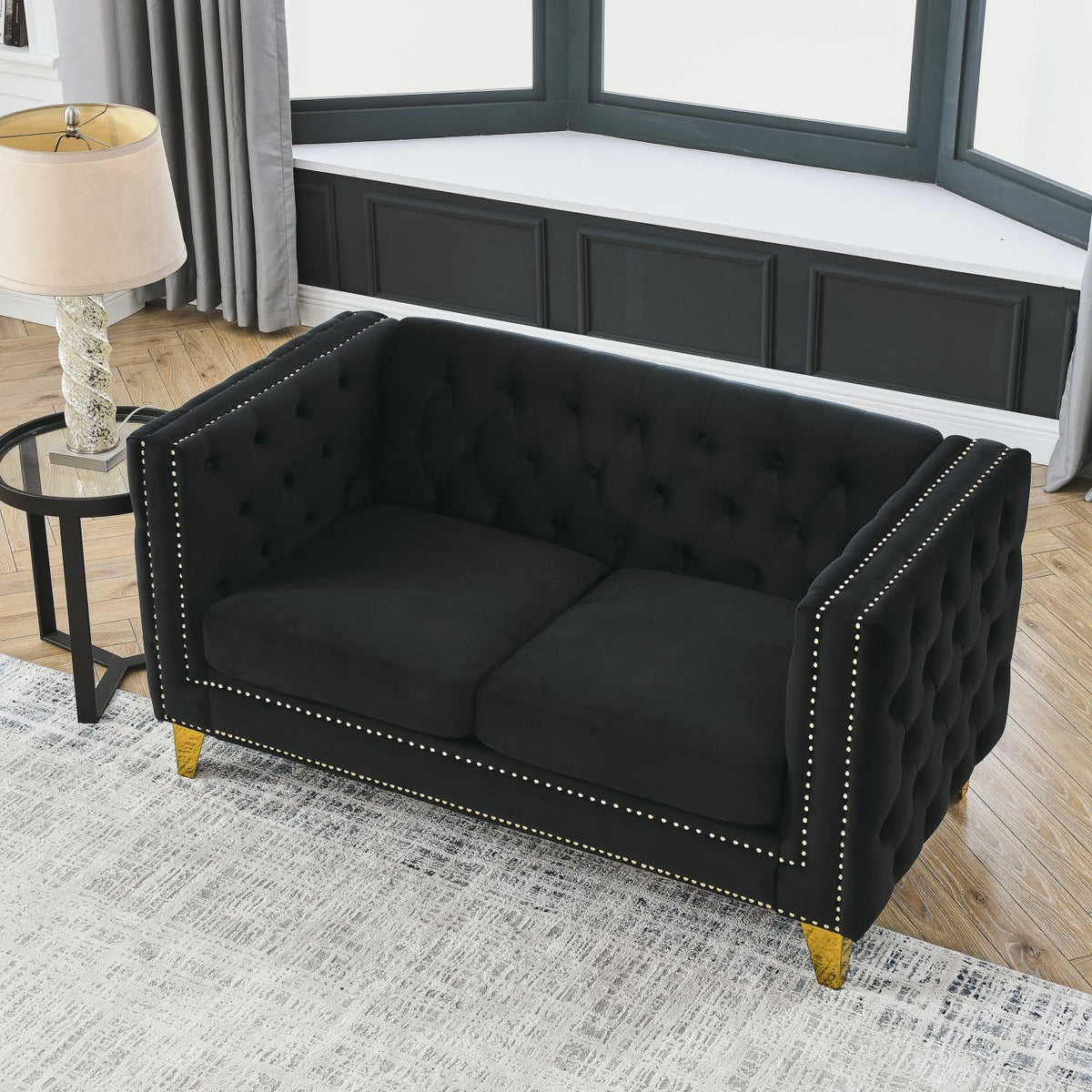 Velvet Sofa for Living Room Black Classic Chesterfield Room, Bedroom, Office Elegant Finish